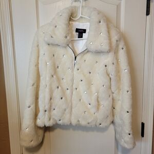 Suzanne Somers White Embellished Faux Fur Jacket
